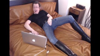 I cum in my jeans and tall boots watching porn on my leather bed