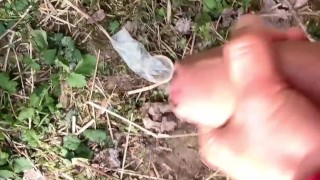 Cumshot on found condom outdoor