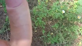 close up big dick wanking in the woods