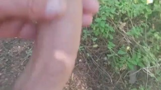 close up big dick wanking in the woods