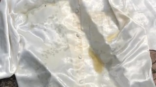 Peeing on a white satin blouse and cumming