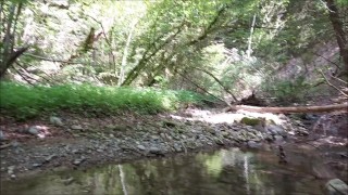 Nude Walk at a Public Campfire, Barefoot in the Creek and Risky Cum on the Trail Bridge