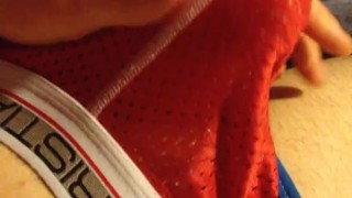 Teasing my bulge through jock underwear