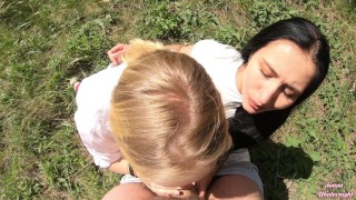 Double Blowjob in the Woods from Slutty Girlfriends