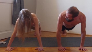 Workout yoga exercise together for the first time