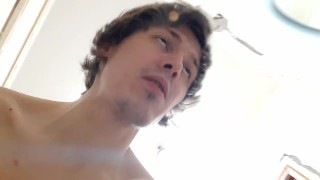 hot student washes in the shower and drains the piss while sitting