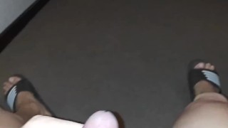 Risky jerk off and cum at a hotel corridor 