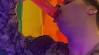 Military Guy Deepthroating His 12” Double Ended Dildo