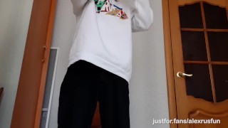 Hot sexy teen in white socks jerks off his huge cock and cums on the floor