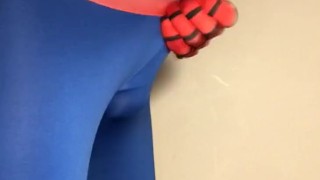 trying to JERK OFF in a Spiderman Costume - FAIL ** BALL STRETCHER ON **