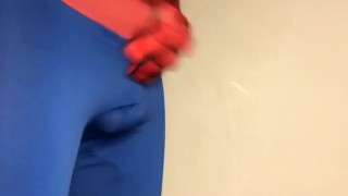 trying to JERK OFF in a Spiderman Costume - FAIL ** BALL STRETCHER ON **