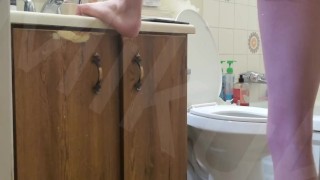 Hot Skinny Twink Fucks himself with big dildo in bathroom