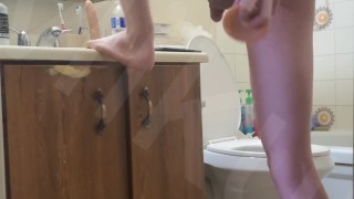 Twink Fucks himself before shower with long big dildo