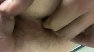 Sissy boy fingers ass in bathroom at work 