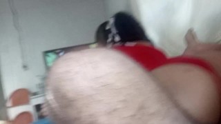 sitting hot with my ass shaking on hard dick and watching bitch take hard dick underneath in porno