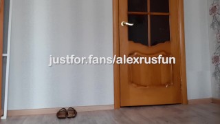 A village teen in sportswear and sneakers jerks off his big cock