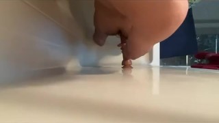 Fem using realistic dildo almost gets caught 