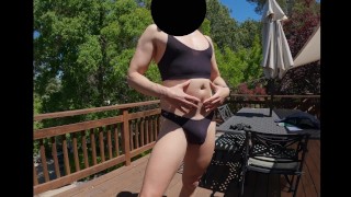 Trying on an xdress thong and top