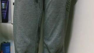 chole fields pees in grey sweats