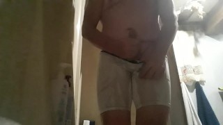 Desperate Wetting! Held it for over 6 hrs! Huge cumshot after soaking my white shorts in PISS!