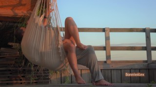 Passionate sex on a fabric swing outside, this time nobody almost fell