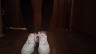 Nike Air Force 1. Tie the 2 laces together, walk, tear. Fetish video made by a sneaker lover boy