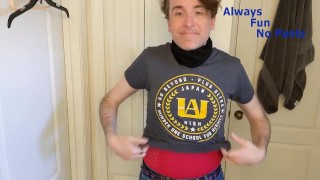 Stripping after shopping showing my caged cock and anal hook in a cute one piece