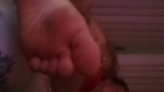 Love her feet in mini red night dress