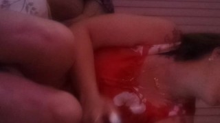 Love her feet in mini red night dress while she is smoking