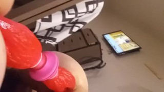 Stuffing both holes with my double-up suction cup dildo