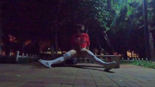 Boys in white stockings masturbate and ejaculate in the park, many passersby are watching