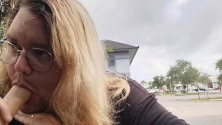 Slave Sucks Dildo in Public Parking Lot!
