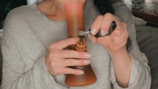 Come 420 and cum with me, sexy milf does bong hits and rubs her soaking wet pussy