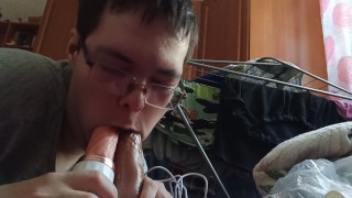 Sucking 2 Dildo Cocks at the same time