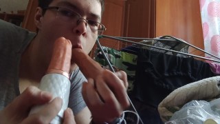Sucking 2 Dildo Cocks at the same time