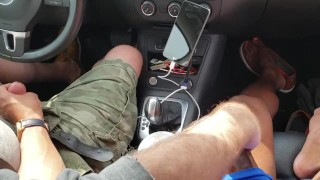 Bear jerks and cums in moving car