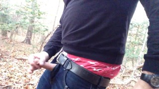 Public jerking off in the woods and cumming, sagging, boxers and jeans.