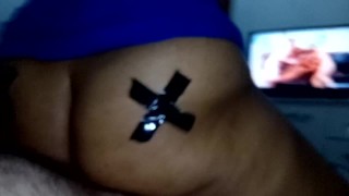 rubbing on the dick of the bastard who loves to watch porn with a naughty ebony moaning