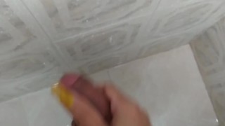 Femboy in da shower jerking off curved cock