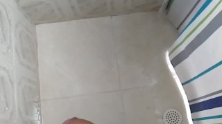 Femboy in da shower jerking off curved cock
