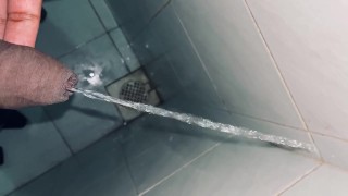 Pissing at the public dirty bathroom edge