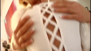 Janet EURO Pussy Fucking Milf &Mugur, blonde, linjerie, costume, high heels, small tits, big Tease#1