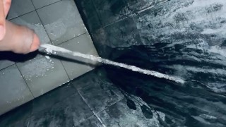 Uncut dick pissing at the dirty gym bathroom while working out 