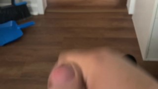 Chub jerks cock on edge of bed and cums on belly