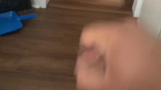Chub jerks cock on edge of bed and cums on belly