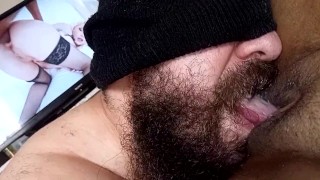 I made him lick my pussy like a dog until cum on his tongue watching porno, he chewed me cum again👅