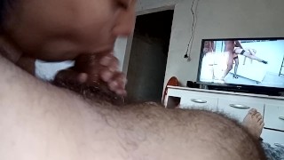 he loves that I suck deep and wet his perverted dick while he watches the bitch's ass in porn
