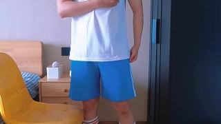 Boy in school uniform shows his dick and ass at home to big bros and finally cums in front of the sc