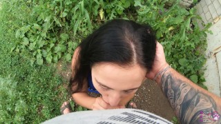 Public Cum Swallow Behind Garages During the Walk - POV