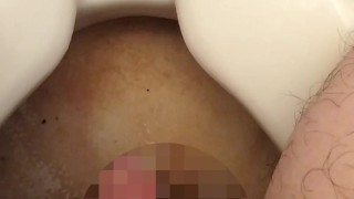 Peeing with sperm on cock just after aneros masturbation. Very long. It came off the toilet a little